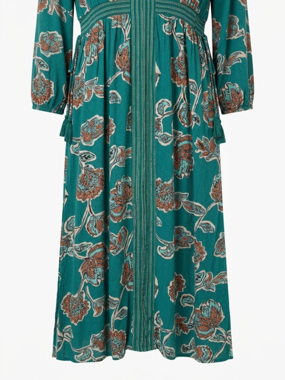 Boho Floral Teal Smocked V-Neck Kaftan Maxi Dress w/Tassels & Pockets - Picture 2 of 9